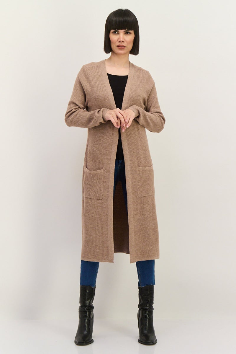 LUXE Women Split Neck Textured Cardigan, Tan - Image 1