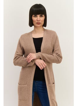 LUXE Women Split Neck Textured Cardigan, Tan  - Image 2