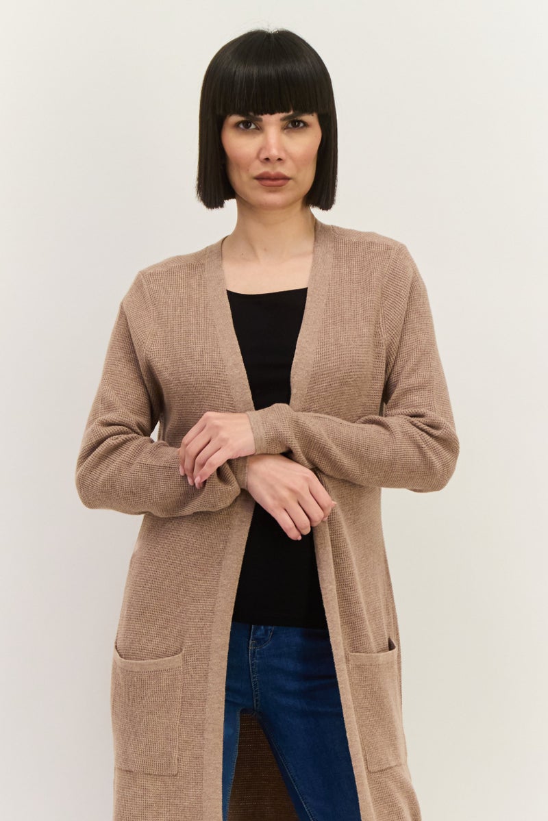 LUXE Women Split Neck Textured Cardigan, Tan - Image 2