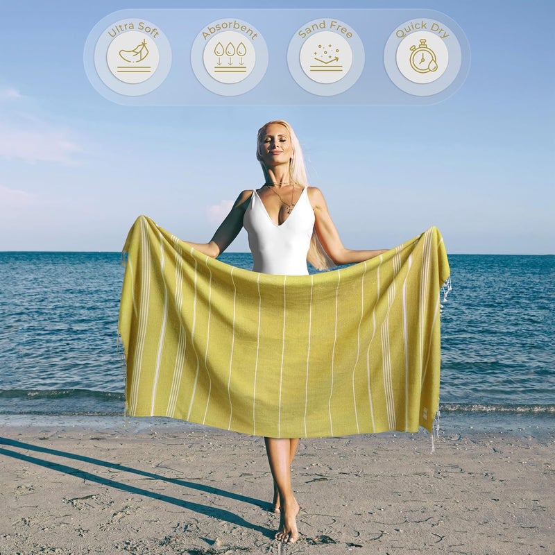 Ossano Turkish Beach Towel Quick Dry & Absorbent Oversized (39" x 71") - Compact, Versatile and Functional as Yoga Mat, Picnic Blanket, Travel Blanket, Bath, Camp and Shower Towel - Yellow - Image 2