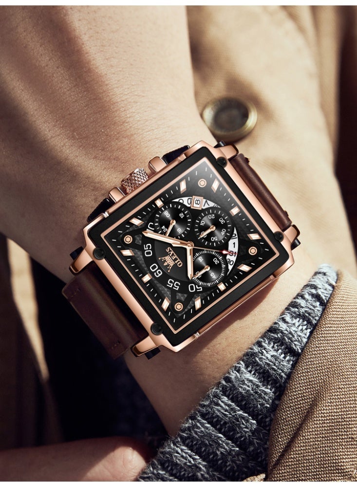 أوليفز ساعات OLEVS المربعة للرجال من الجلد البني كرونوغراف ساعة عمل أنيقة مضيئة ومقاومة للماء ساعات معصم كاجوال - Image 2