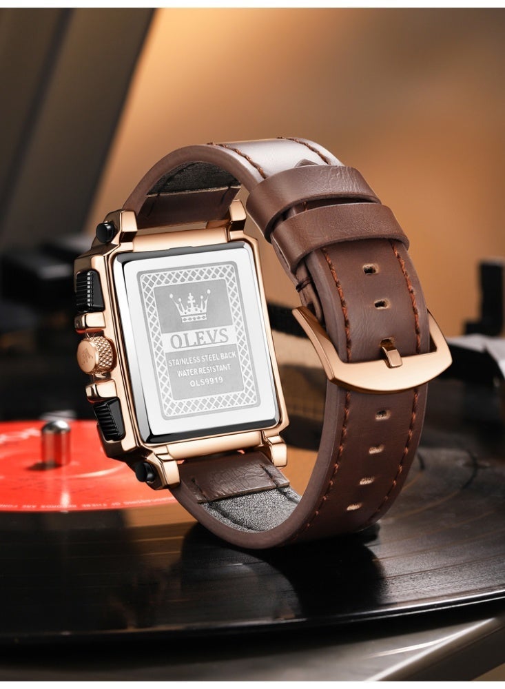 أوليفز ساعات OLEVS المربعة للرجال من الجلد البني كرونوغراف ساعة عمل أنيقة مضيئة ومقاومة للماء ساعات معصم كاجوال - Image 5