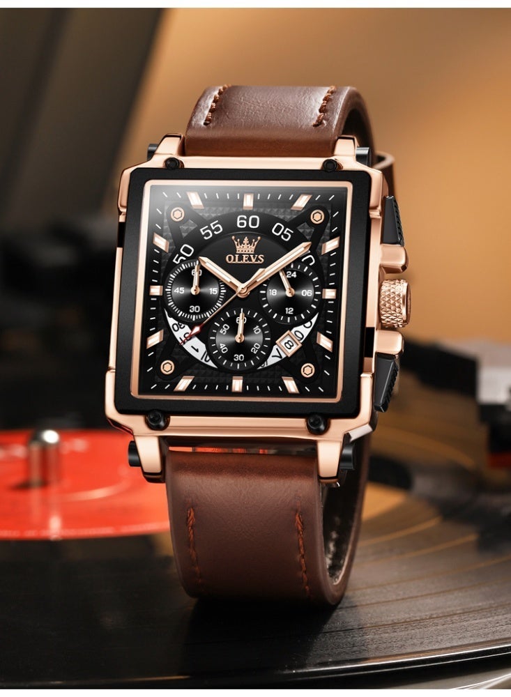 أوليفز ساعات OLEVS المربعة للرجال من الجلد البني كرونوغراف ساعة عمل أنيقة مضيئة ومقاومة للماء ساعات معصم كاجوال - Image 4