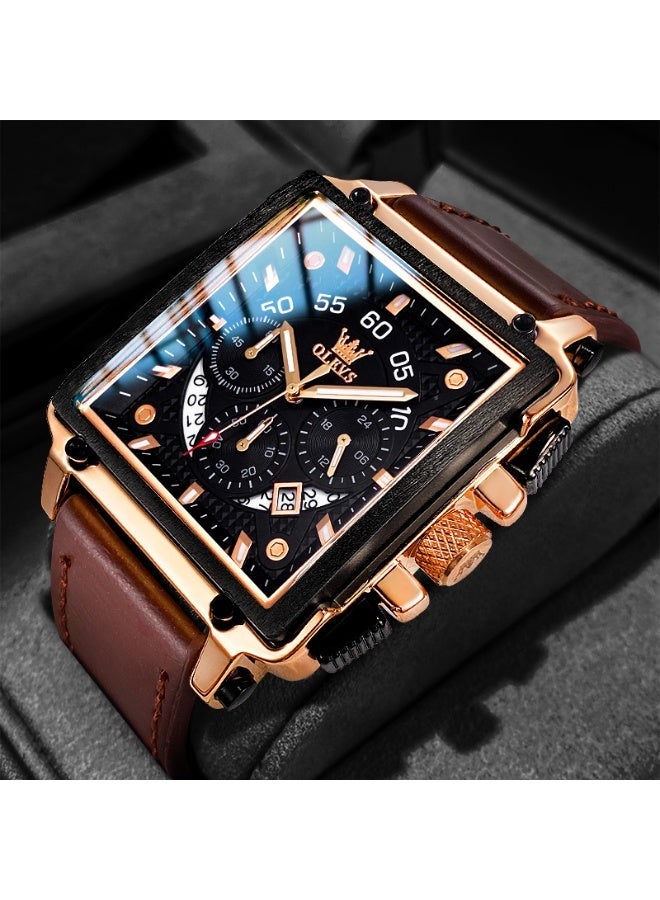 أوليفز ساعات OLEVS المربعة للرجال من الجلد البني كرونوغراف ساعة عمل أنيقة مضيئة ومقاومة للماء ساعات معصم كاجوال - Image 1