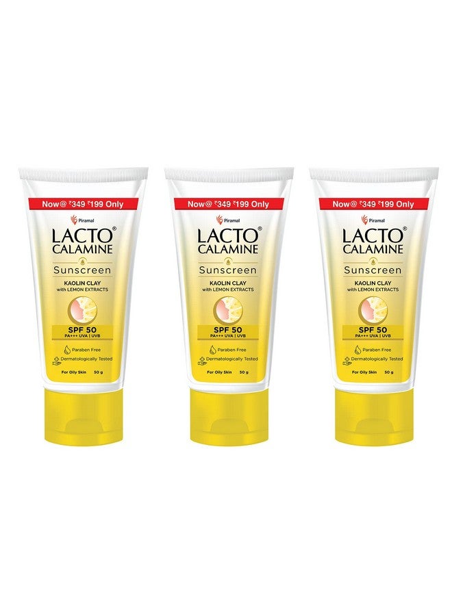 Lacto Calamine Sunscreen Spf50 Pa+++ For Oily Skin Nongreasy & No White Caste Very Water Resistant Paraben Free & Dermatologically Tested 50 G X Pack Of 3 - Image 1