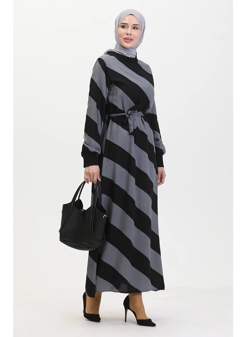 Sefa Merve Geometric Patterned Belted Viscose Dress 0460-06 Gray Black