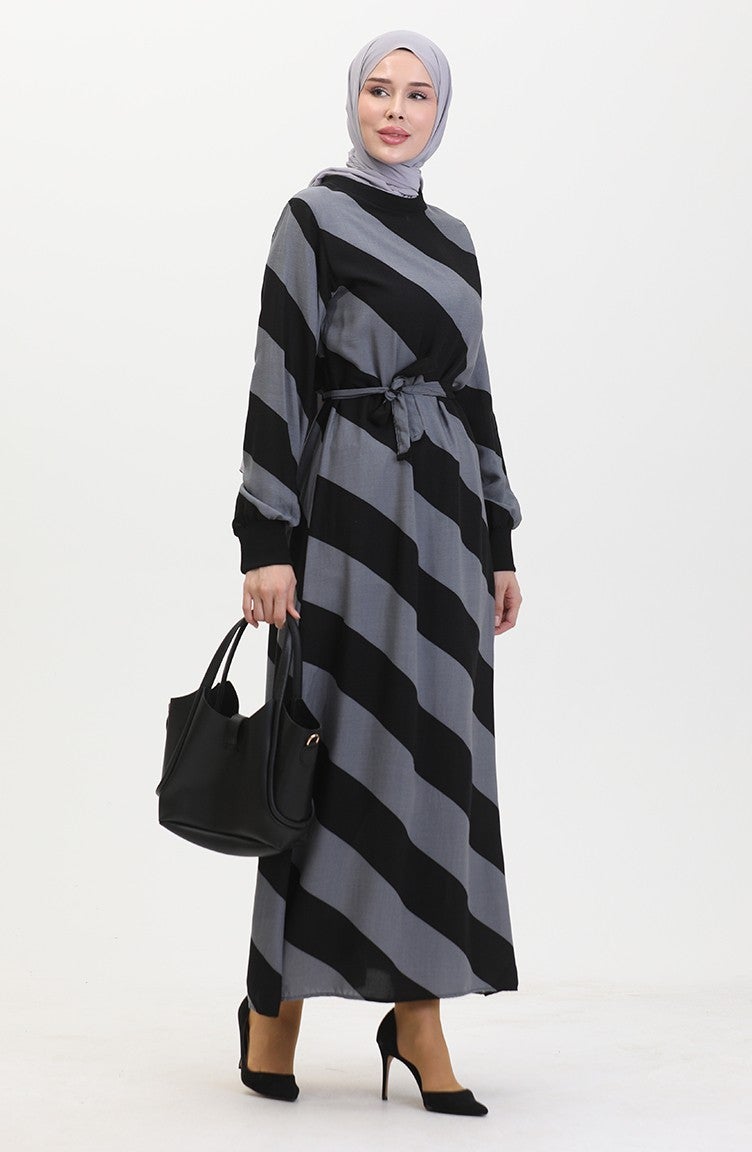 Sefa Merve Geometric Patterned Belted Viscose Dress 0460-06 Gray Black  - Image 1