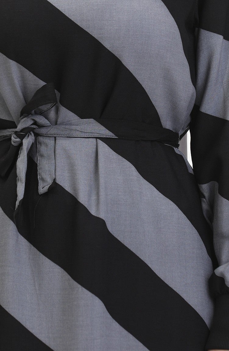 Sefa Merve Geometric Patterned Belted Viscose Dress 0460-06 Gray Black  - Image 5