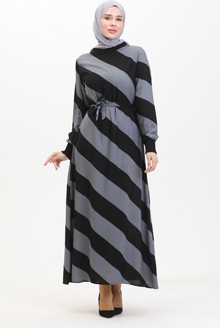Sefa Merve Geometric Patterned Belted Viscose Dress 0460-06 Gray Black  - Image 3