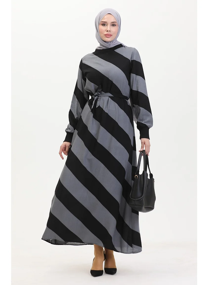 Sefa Merve Geometric Patterned Belted Viscose Dress 0460-06 Gray Black
