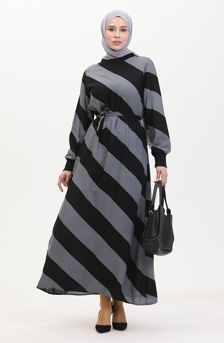 Sefa Merve Geometric Patterned Belted Viscose Dress 0460-06 Gray Black  - Image 2