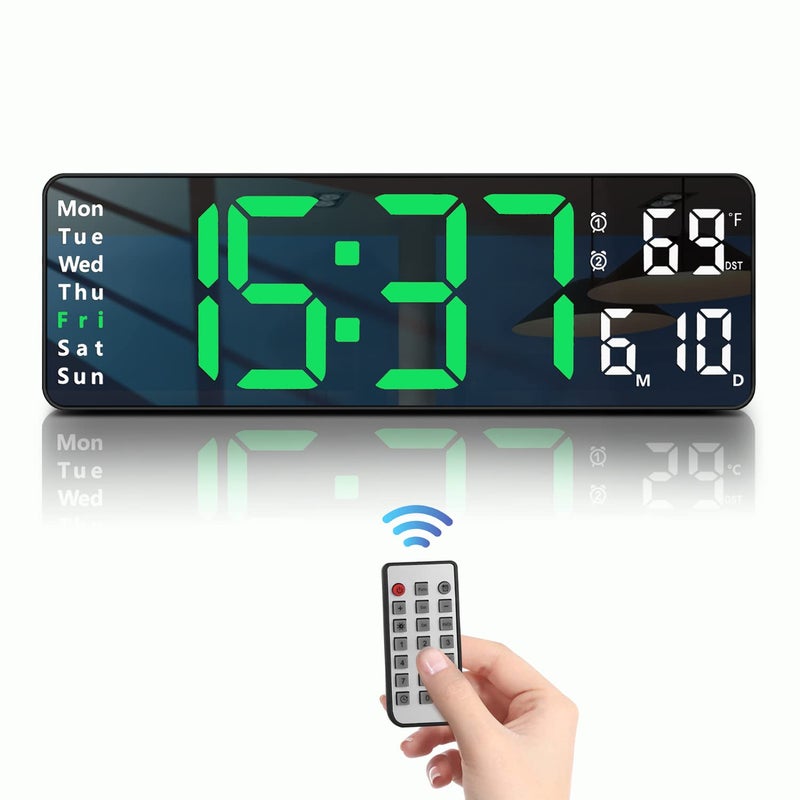 JoFomp Plastic Digital Wall Clock 13 Large LED DisplayLoud AlarmRemote ControlDSTAutoDimmingDate and DayTimerTemperature 1224H Format Ideal for Living RoomGreen - Image 1