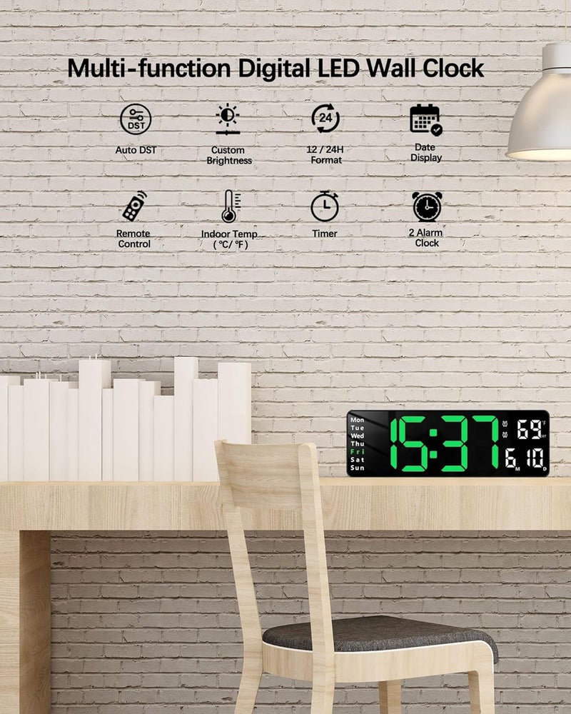 JoFomp Plastic Digital Wall Clock 13 Large LED DisplayLoud AlarmRemote ControlDSTAutoDimmingDate and DayTimerTemperature 1224H Format Ideal for Living RoomGreen - Image 4