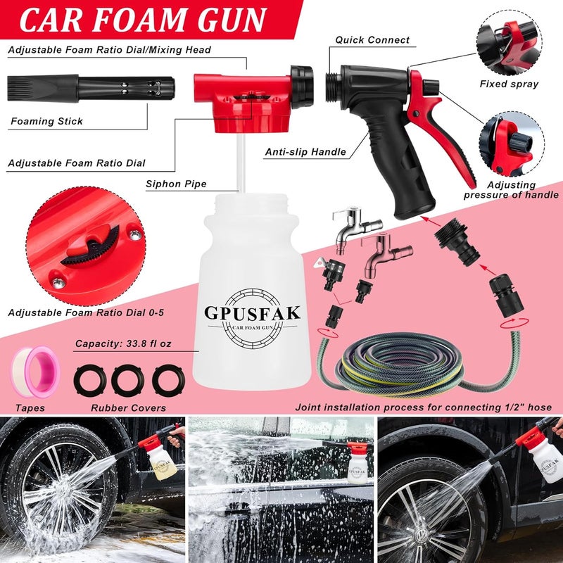 GPUSFAK 26Pcs Car Wash Cleaning Kit with Foam Gun Sprayer Detailing Brushes Window Water Scraper Tire Brush Towels Complete Interior Exterior Detailing Set for Car - Image 2