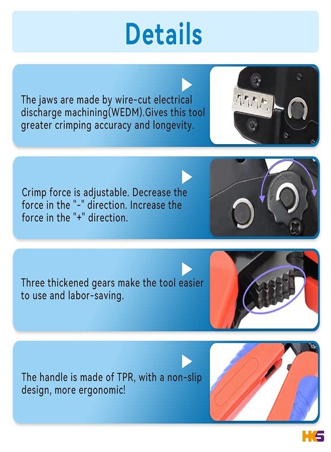 HKS Ratcheting Crimping Tool Set 11 PCS with Changeable Jaws for Dupont JST MOLEX - Open Barrel Terminals, Insulated & Non-Insulated Ferrules, Terminals & Butt Connectors,Solar & Coax Connectors - Image 4