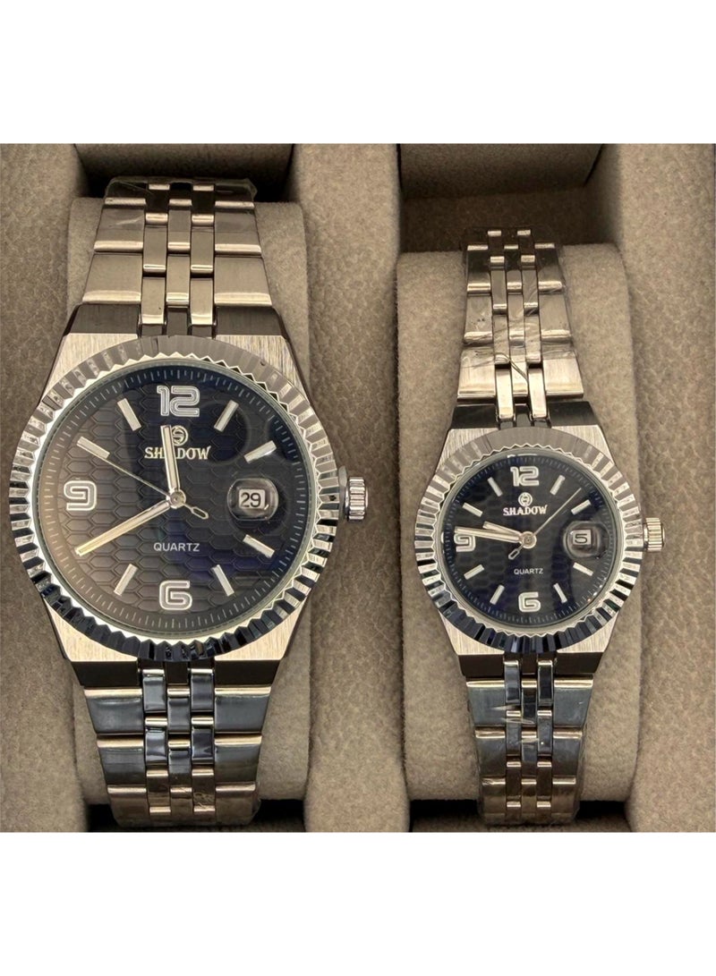 SHADOW Luxury Couple Watch Set - Matching Stainless Steel Quartz Wristwatches with Date Window - Image 1