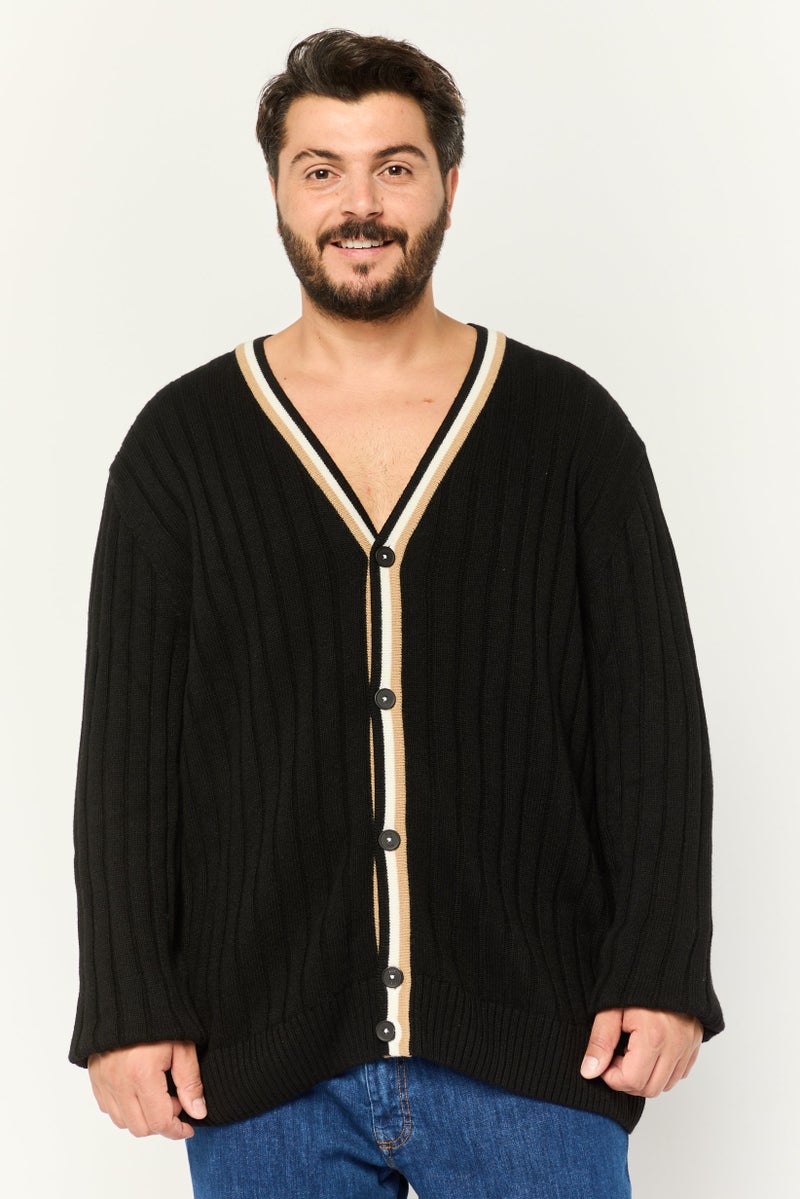 BOSS Men V-Neck Textured Cardigan, Black  - Image 1