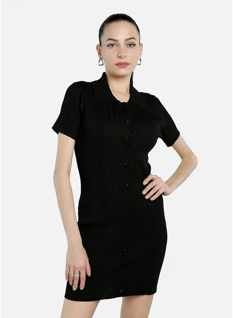 London Rag Women's Black Collared Bodycon Sweater Dress