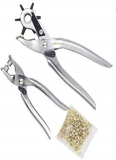 Multi-Function Metal Handheld Leather Belt Hole Punch Tool and Grommet Setting Kit,Eyelet Pliers Button Setter Tool Kit, Set of 2(Silver)