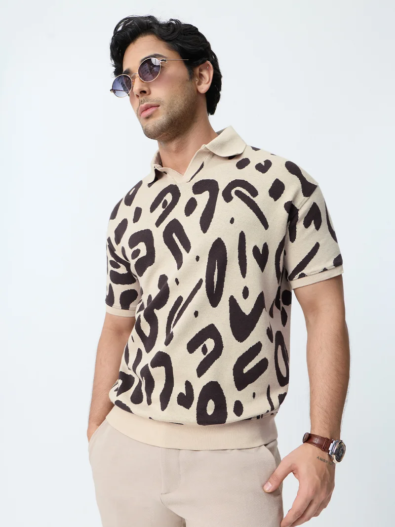 The Souled Store The Souled Store TSS Originals: Soul Beat Men and Boys Short Sleeve Spread Collar Beige Abstract Jacquard Print Cotton Blend Regular Fit Polo Shirts