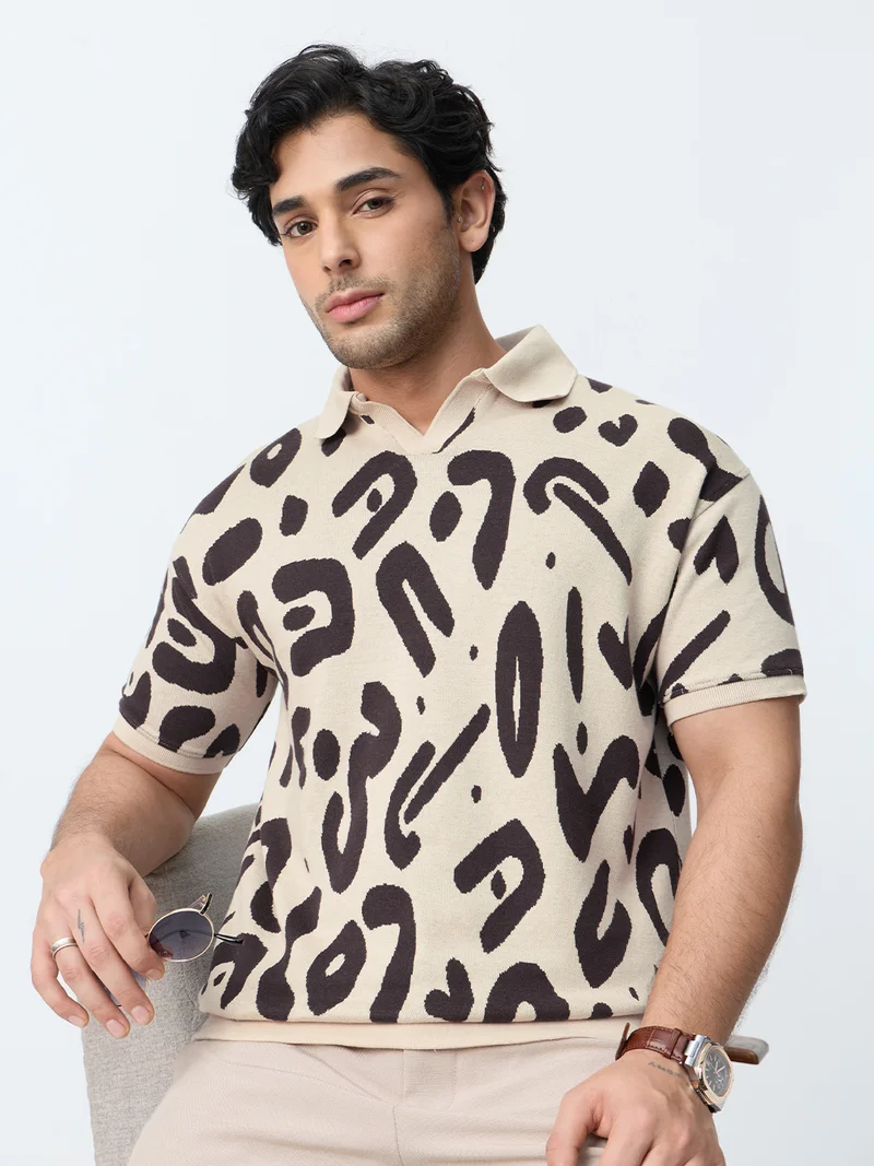 The Souled Store  The Souled Store TSS Originals: Soul Beat Men and Boys Short Sleeve Spread Collar Beige Abstract Jacquard Print Cotton Blend Regular Fit Polo Shirts  | Best Price UAE