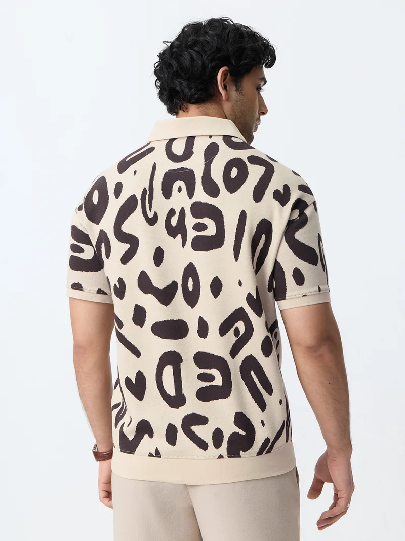 The Souled Store  The Souled Store TSS Originals: Soul Beat Men and Boys Short Sleeve Spread Collar Beige Abstract Jacquard Print Cotton Blend Regular Fit Polo Shirts  | Best Price UAE