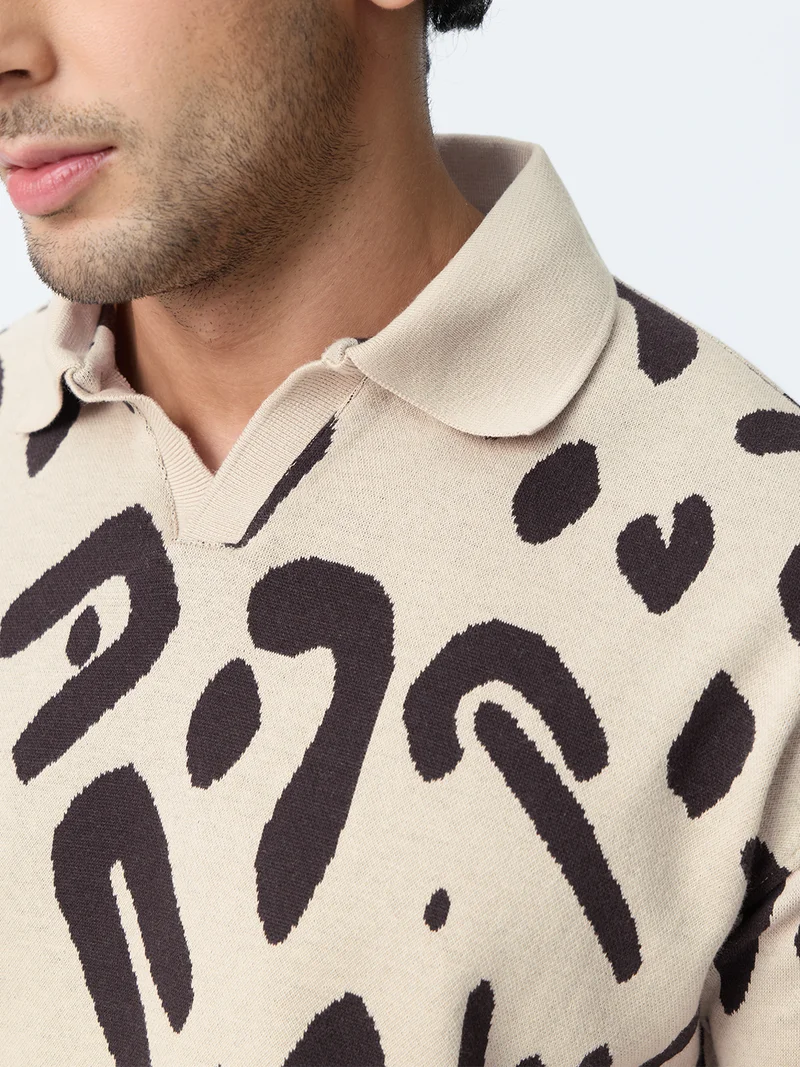 The Souled Store  The Souled Store TSS Originals: Soul Beat Men and Boys Short Sleeve Spread Collar Beige Abstract Jacquard Print Cotton Blend Regular Fit Polo Shirts  | Best Price UAE