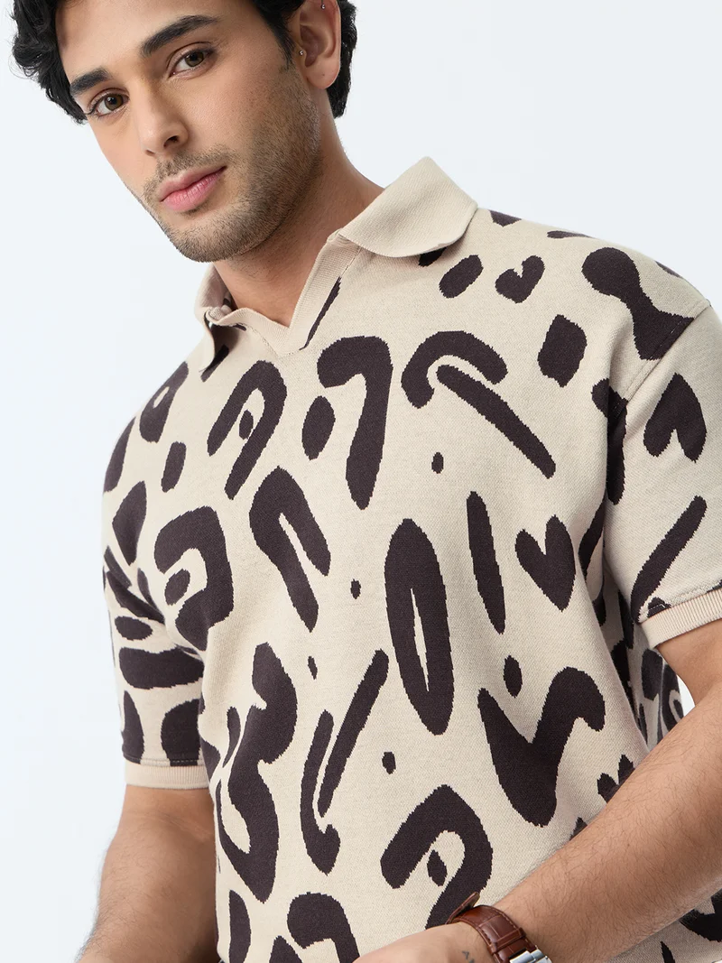The Souled Store The Souled Store TSS Originals: Soul Beat Men and Boys Short Sleeve Spread Collar Beige Abstract Jacquard Print Cotton Blend Regular Fit Polo Shirts
