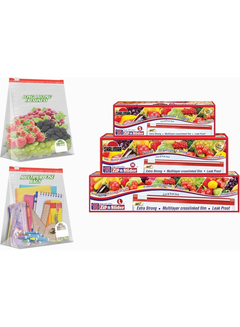 شاليمار حقيبة شاليمار بزيب لوك مزدوجة – قابلة لإعادة الاستخدام وقابلة للإغلاق – 45 كيسا (صغيرة + متوسطة + كبيرة) – حقيبة بسحاب/خضار/ثلاجة/أكياس تخزين متعددة الأغراض مع قفل منزلق - Image 1