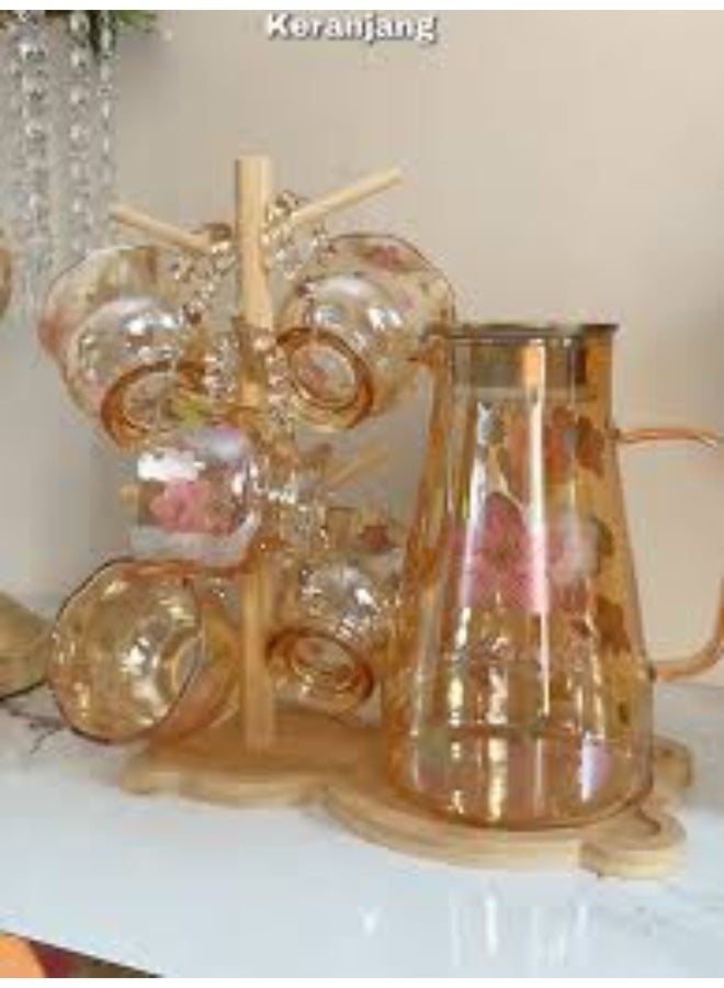 Pitcher and mugs set with a wooden stand.