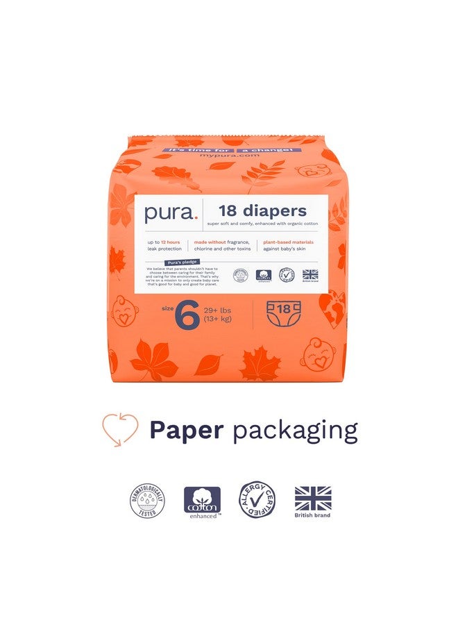 Pura Size 6 Eco-Friendly Diapers (29+ lbs) Hypoallergenic, Soft Organic Cotton, Sustainable, up to 12 Hours Leak Protection, Allergy UK, Recyclable Paper Packaging, 18 Count (Pack of 3) (54 Diapers) - Image 2