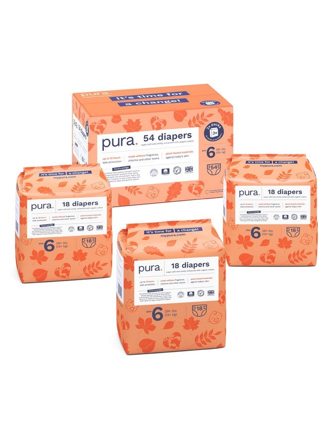 Pura Size 6 Eco-Friendly Diapers (29+ lbs) Hypoallergenic, Soft Organic Cotton, Sustainable, up to 12 Hours Leak Protection, Allergy UK, Recyclable Paper Packaging, 18 Count (Pack of 3) (54 Diapers) - Image 1