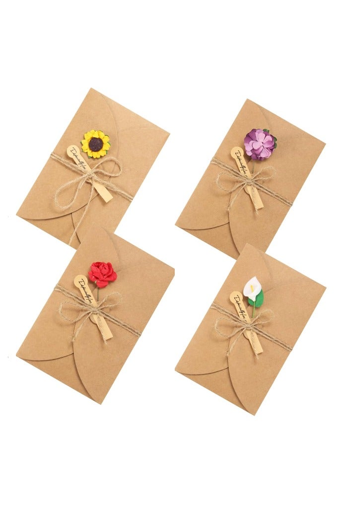 4 Pack Dried Flowers Greeting Cards, Handmade Blank Note Card Flower Invitation Card with Envelopes Vintage Thank You Card for Birthday Party Festival - Image 1