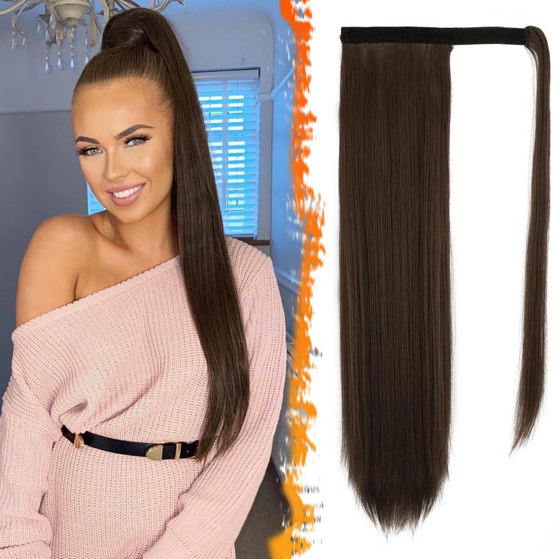 BARSDAR Chocolate Brown Straight Wrap Ponytail Extension - 26 Inch Long Straight Wrap Around Ponytail Hair Extensions for Women, Synthetic Clip in Brown Pony Tails Hairpieces Daily - Image 1