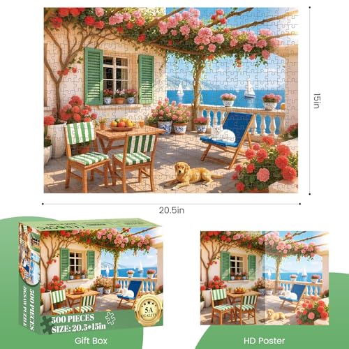 DAGIRT 500 Piece Puzzles for Adults Cozy Seaside Terrace Scene Jigsaw Puzzles with Dog and Cat Relaxing 500 Piece Puzzle Perfect for Family Time Wall Decor Gift for Adults Seniors 205 x 15 in - Image 5