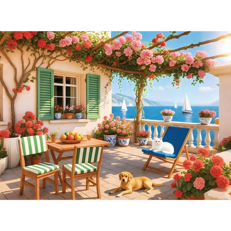 DAGIRT 500 Piece Puzzles for Adults Cozy Seaside Terrace Scene Jigsaw Puzzles with Dog and Cat Relaxing 500 Piece Puzzle Perfect for Family Time Wall Decor Gift for Adults Seniors 205 x 15 in - Image 3
