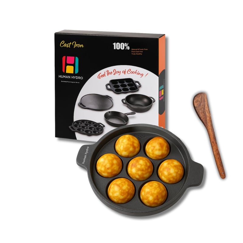 Human Hydro مقلاة بانيارام من الحديد الزهر مسبقة التتبيل (7 فتحات) مع ملعقة خشبية | غير لاصقة بشكل طبيعي، متوافقة مع الحث والغاز | أواني طهي ثقيلة لتحضير بادو، أبام، كوزي بانيارام والمزيد - Image 1