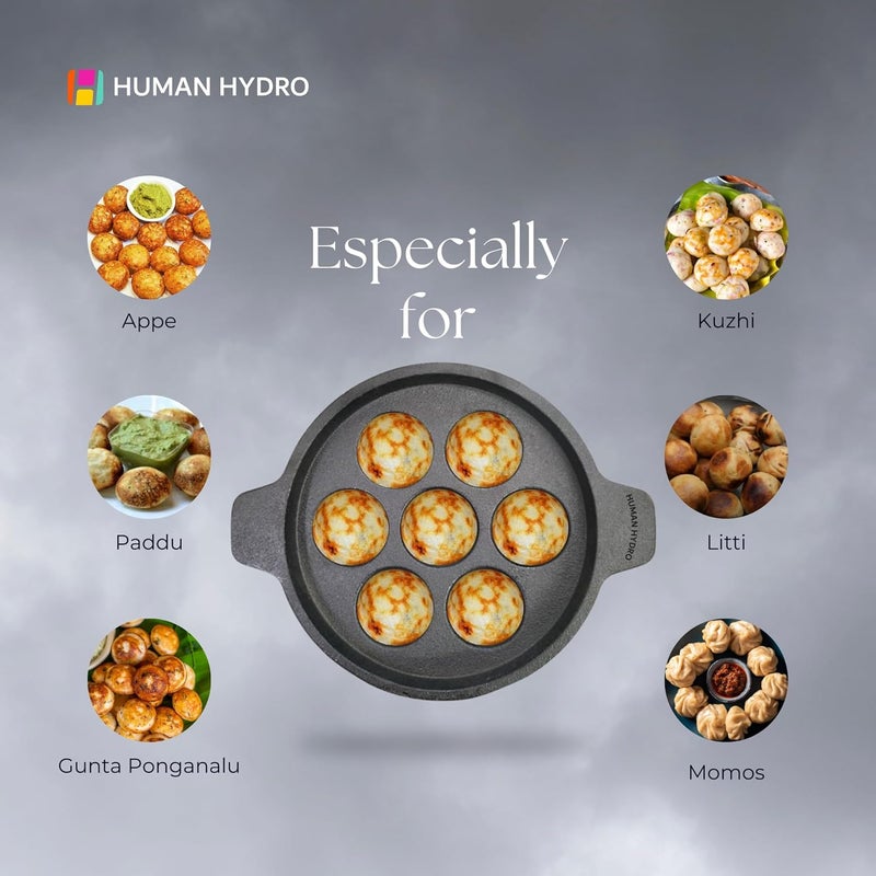 Human Hydro مقلاة بانيارام من الحديد الزهر مسبقة التتبيل (7 فتحات) مع ملعقة خشبية | غير لاصقة بشكل طبيعي، متوافقة مع الحث والغاز | أواني طهي ثقيلة لتحضير بادو، أبام، كوزي بانيارام والمزيد - Image 4