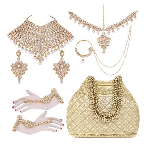 Peora Combo of Jodha Akbar Style Bridal Set with Cream Color Potli Bag Gift For Women - Image 1