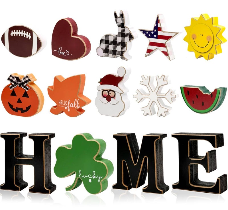 Medoore Interchangeable Home Table Signs with 11Pcs Seasonal Icons, Wooden "HOME" Letter Signs Interchangeable Holiday Decorative Table Shelf Centerpiece for Holiday Room Decoration - Image 1