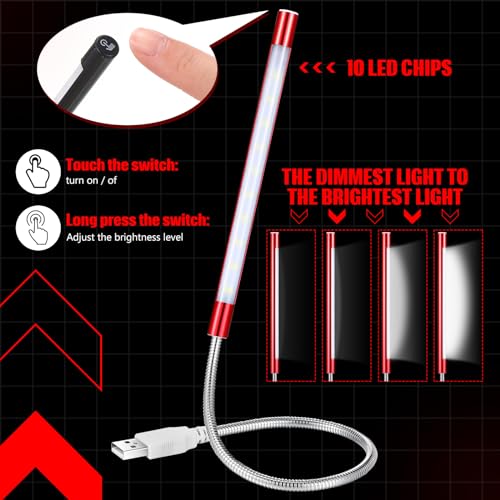 Tujoe 2 Pieces USB LED Light for Laptop Keyboard Gooseneck Light Computer Lamp Flexible Stick Dimmable LED Lamp Touch Switch for Reading Book(Black, Red) - Image 3