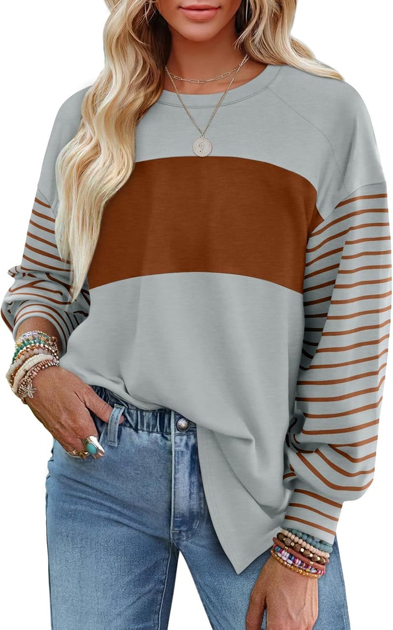 2024 Women'S New Pullover Round Neck Casual Striped Contrast Color Long Sleeve T-Shirt For Women - Image 1
