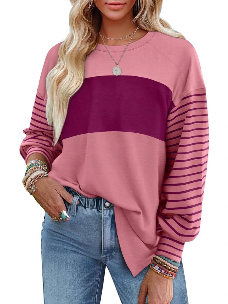 2024 Women'S New Pullover Round Neck Casual Striped Contrast Color Long Sleeve T-Shirt For Women - Image 5