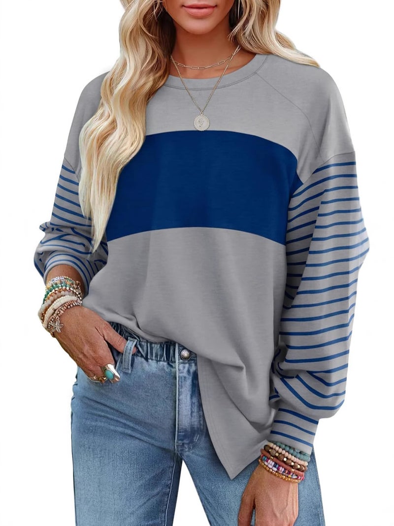 2024 Women'S New Pullover Round Neck Casual Striped Contrast Color Long Sleeve T-Shirt For Women - Image 4