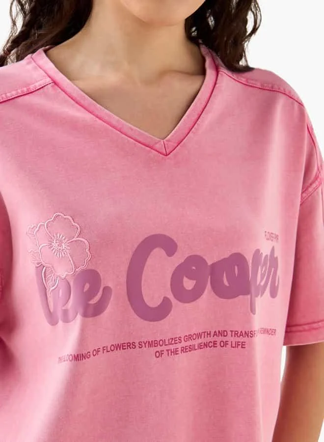 Lee Cooper Lee Cooper Graphic Print Oversized V-neck T-shirt with Short Sleeves
