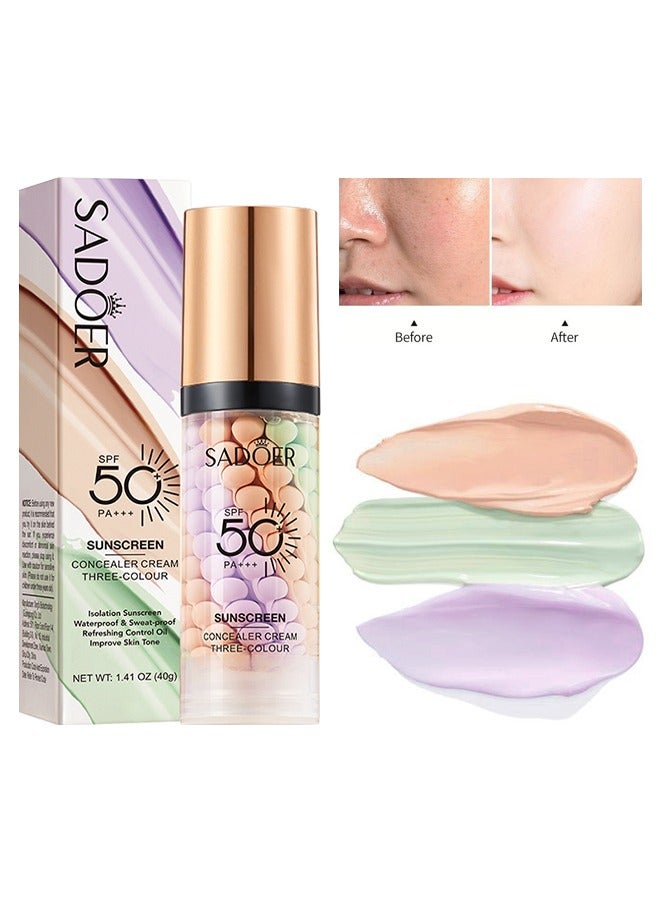 SADOER Isolation Cream Three-Colour, Invisible Pore, Sunscreen lotion SPF50, Makeup Primer for Mature Skin, Three Color Contour Isolation Cream, Color Corrector, Cover Acne Marks, Oil Control Moisturizing 40g - Image 1