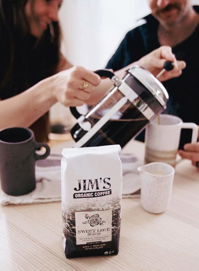 Jim's Organic Coffee – Sweet Love Blend – Whole Bean, Dark Roast, Bold 11 oz Bag  - Image 3