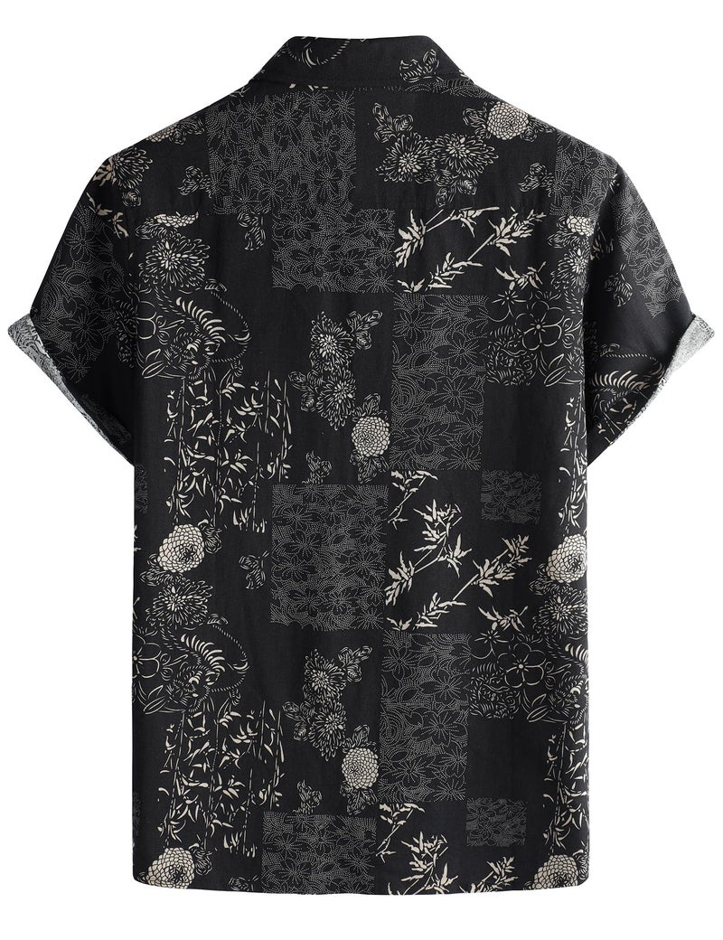 PARKLEES Men's Casual Linen Flower Print Shirt Short Sleeve Button up Hawaiian Shirts Hipster 70s Hippie Tops Black Flower Large - Image 2
