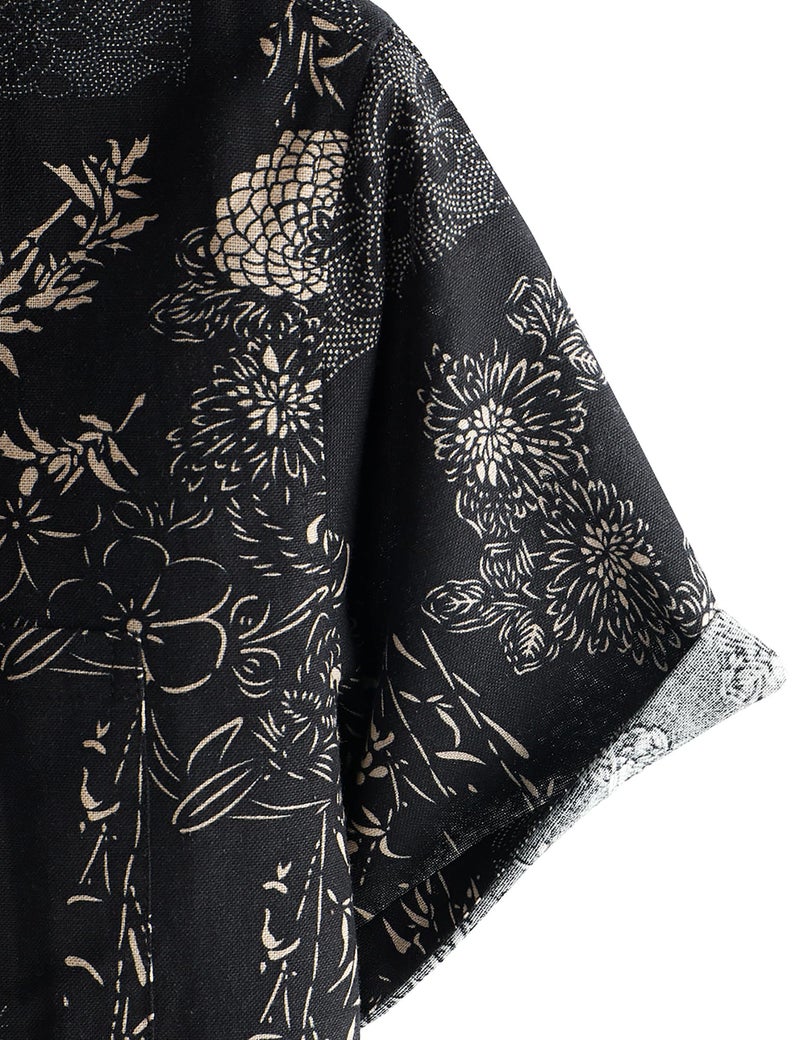 PARKLEES Men's Casual Linen Flower Print Shirt Short Sleeve Button up Hawaiian Shirts Hipster 70s Hippie Tops Black Flower Large - Image 5
