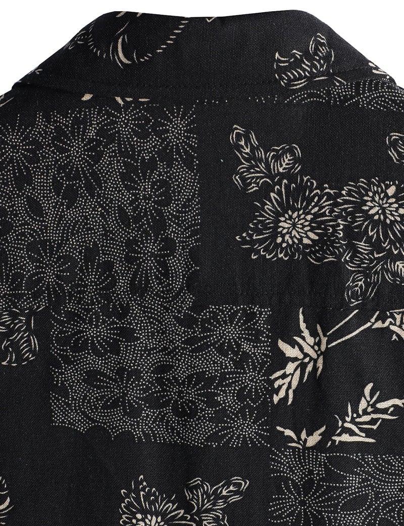 PARKLEES Men's Casual Linen Flower Print Shirt Short Sleeve Button up Hawaiian Shirts Hipster 70s Hippie Tops Black Flower Large - Image 4
